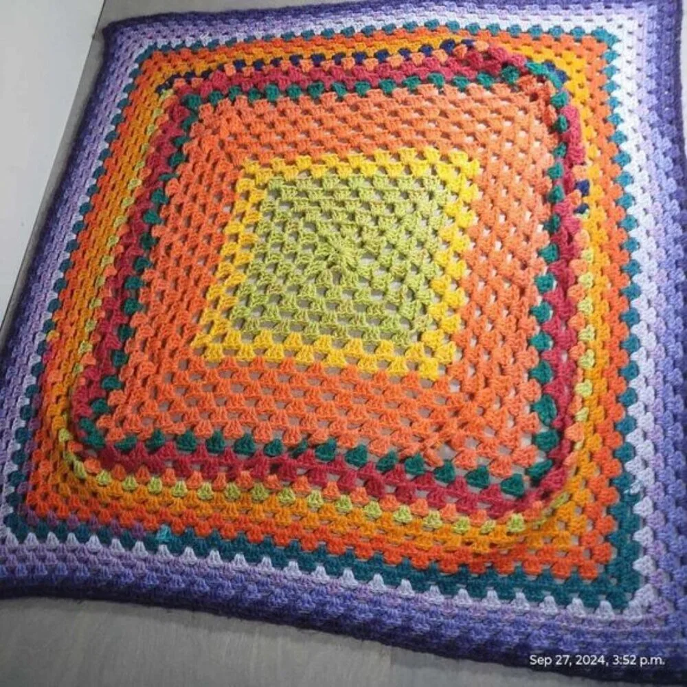 Handmade Crochet rainbow blanket art‎ square vibrant colors Tapestry